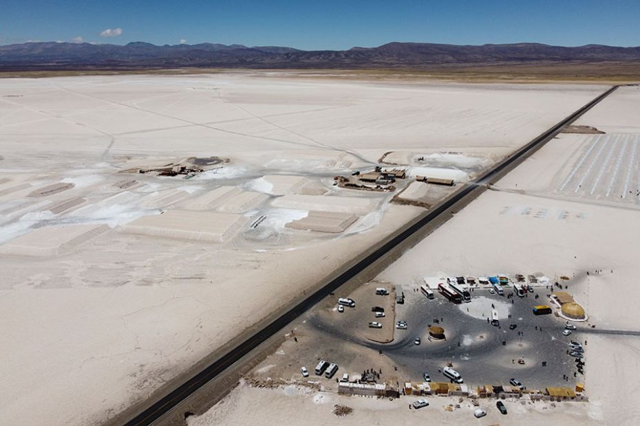 Aerial view of a mining site and a parking area in the Salinas Grandes in Jujuy, Argentina. China is