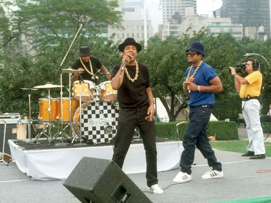 American hip-hop band Run-DMC, circa 1985. A hip hop trio who fused rap with hard rock, Run-DMC were