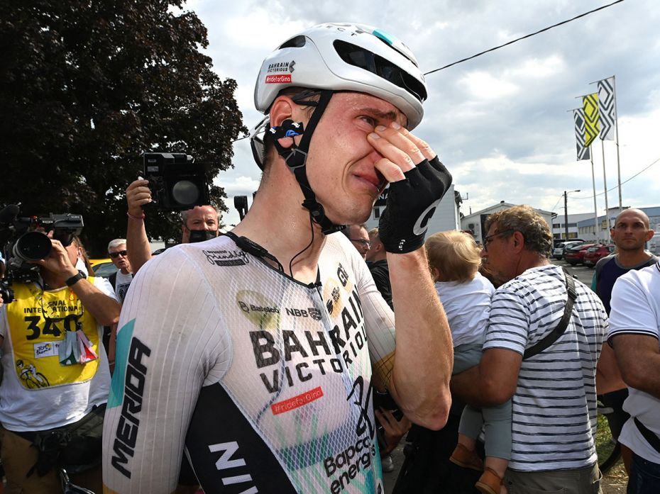 Team Bahrain Victorious' Matej Mohoric reacts after winning stage 19 from Moirans-En-Montagne to Pol