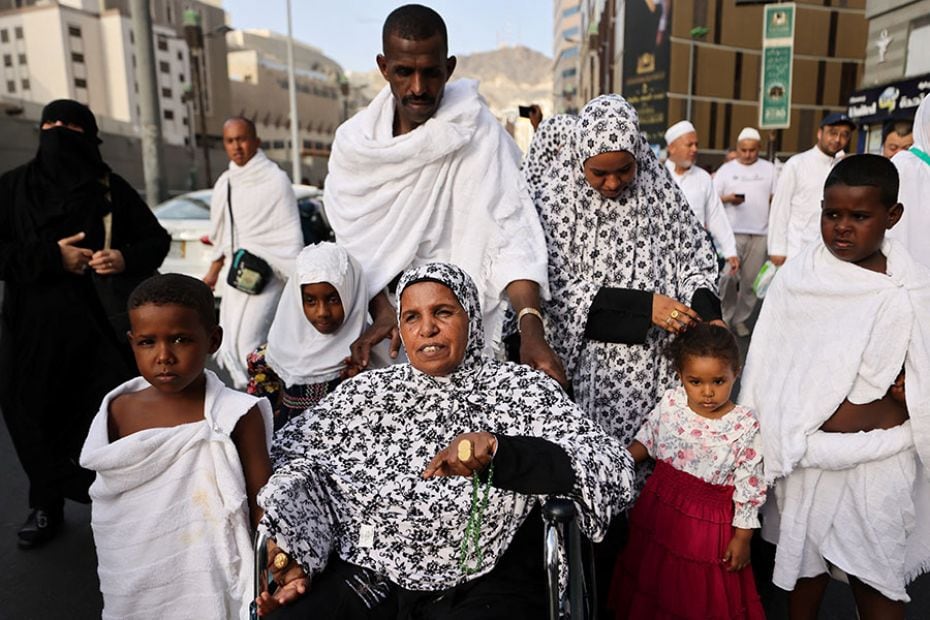 A Sudanese family at the holy Kaaba, arriving from Sudan to perform the annual Hajj in the Grand Mos