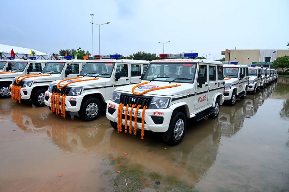 The new vehicles acquired by Noida Police stand in the rain-logged ground in Noida, Delhi NCR, on Ju