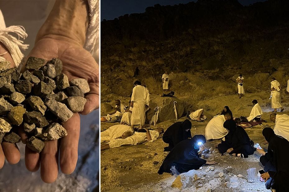 Pilgrims pick pebbles for a symbolic stoning of evil at Muzdalifah in Mecca on June 27, 2023. the pi