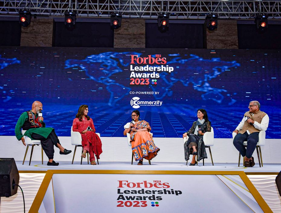 Neera Nundy (centre), co-founder and partner, Dasra , moderates the panel on Unlocking India’s